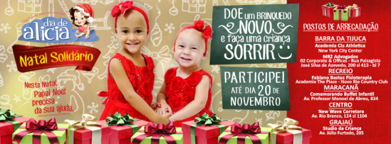 Neste Natal, Papai Noel precisa da sua ajuda! CAMPANHA NATAL SOLIDÁRIO de 03 a 20 de Novembro Doe um BRINQUEDO NOVO e faça uma CRIANÇA SORRIR. Participe da campanha e ajude o bom velhinho a realizar sonhos e proporcionar alegria e diversão para 200 crianças que lutam contra o câncer e 300 crianças carentes, de Jardim Gramacho. Duas festas, o dobro de brinquedos para arrecadar, e um mesmo propósito: espalhar o amor, levando alegria e esperança a quem precisa. Participe, divulgue, compartilhe, doe e contribua para o Natal Feliz de centenas de crianças.